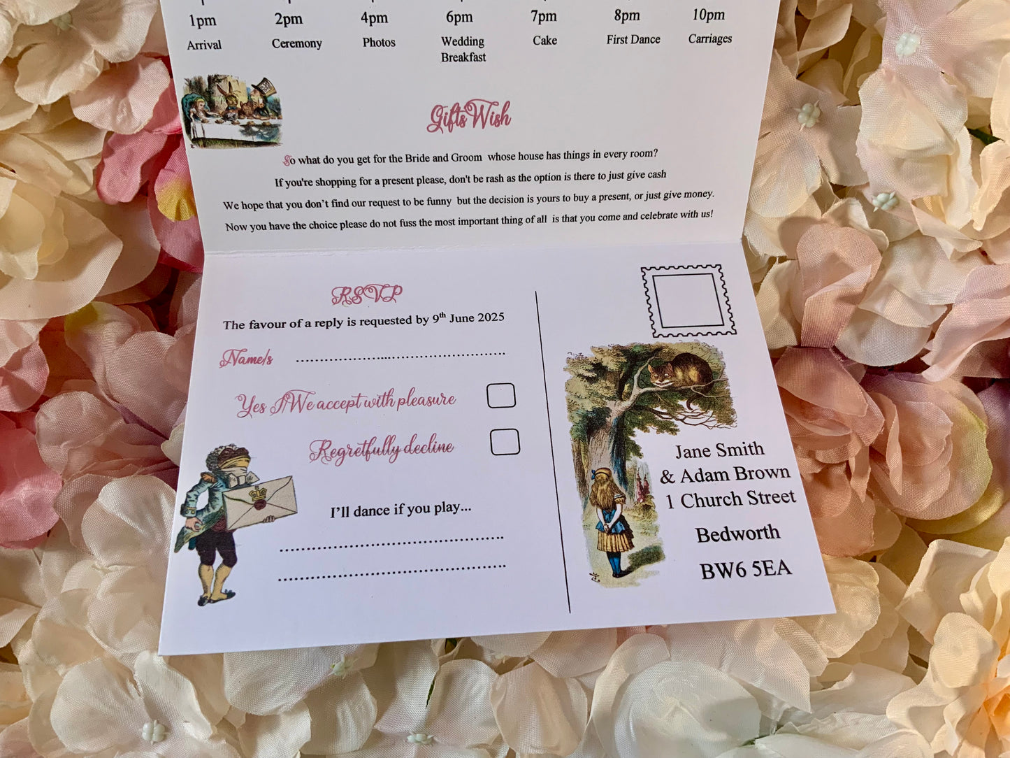 Alice in Wonderland Personalised Concertina Wedding Invitations ~ single or double sided