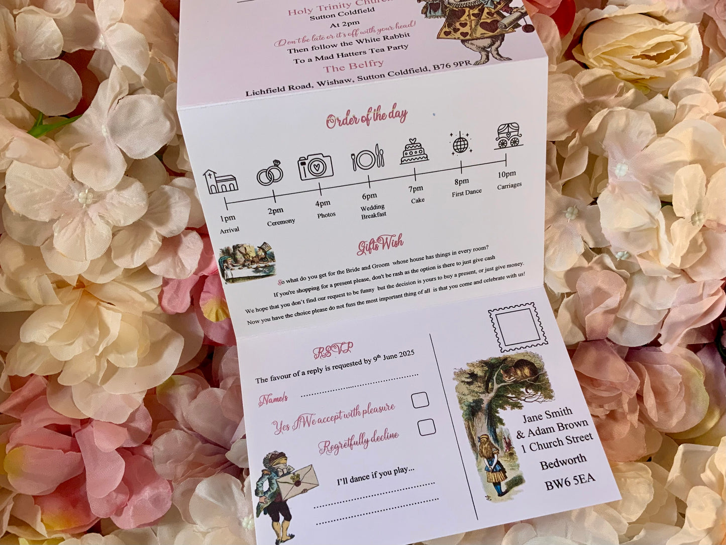 Alice in Wonderland Personalised Concertina Wedding Invitations ~ single or double sided