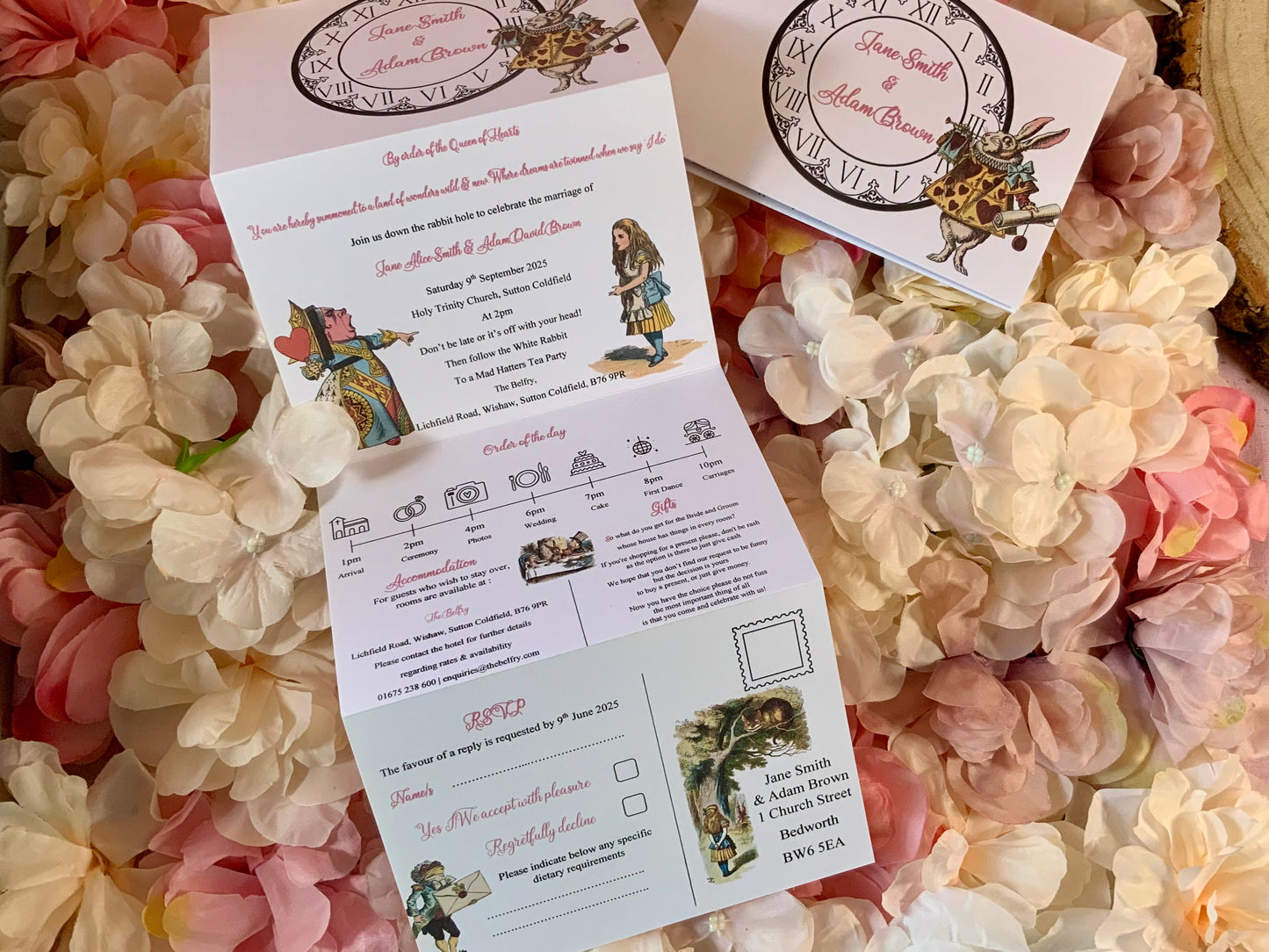 Alice in Wonderland Personalised Concertina Wedding Invitations ~ single or double sided