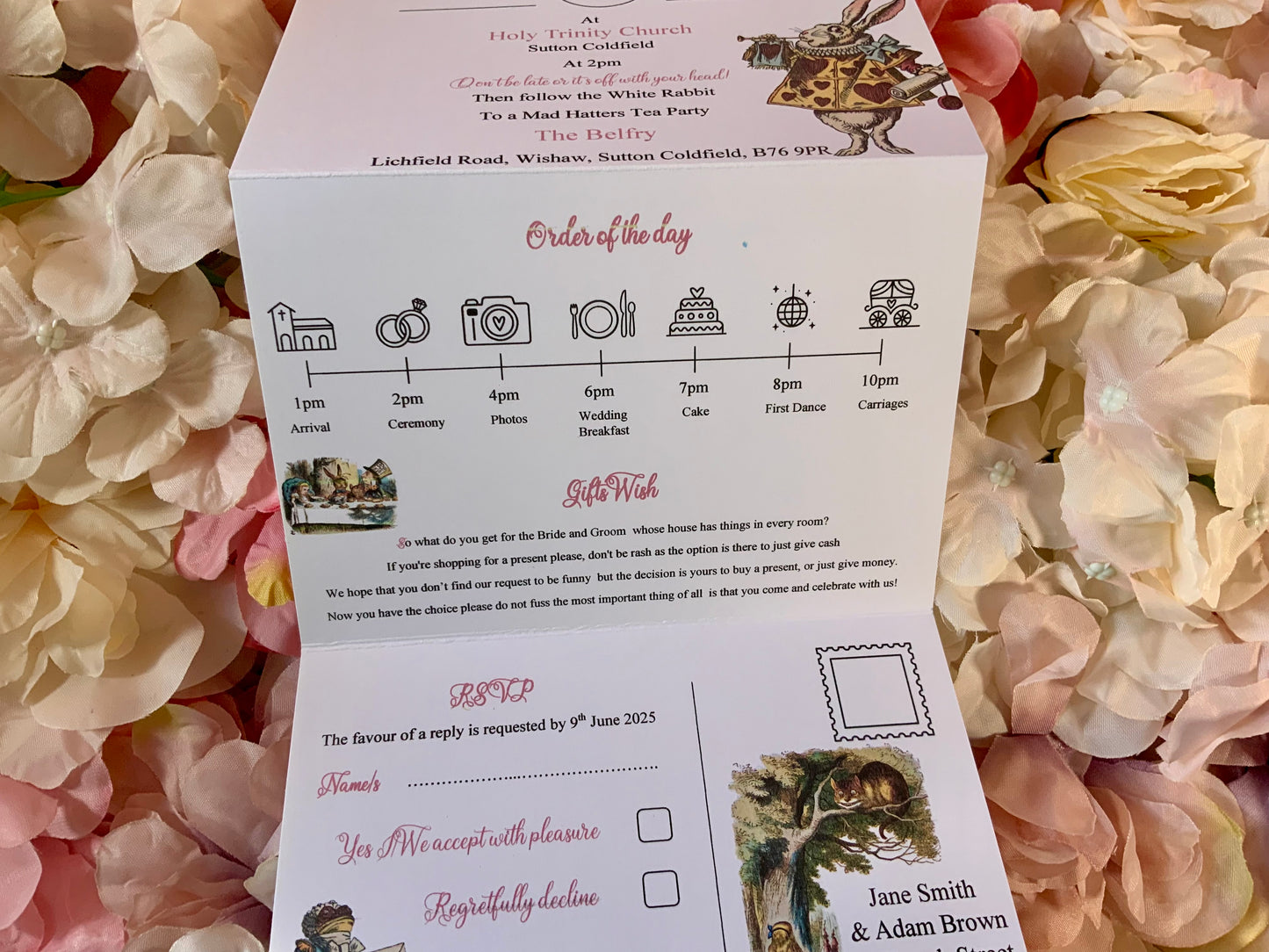 Alice in Wonderland Personalised Concertina Wedding Invitations ~ single or double sided