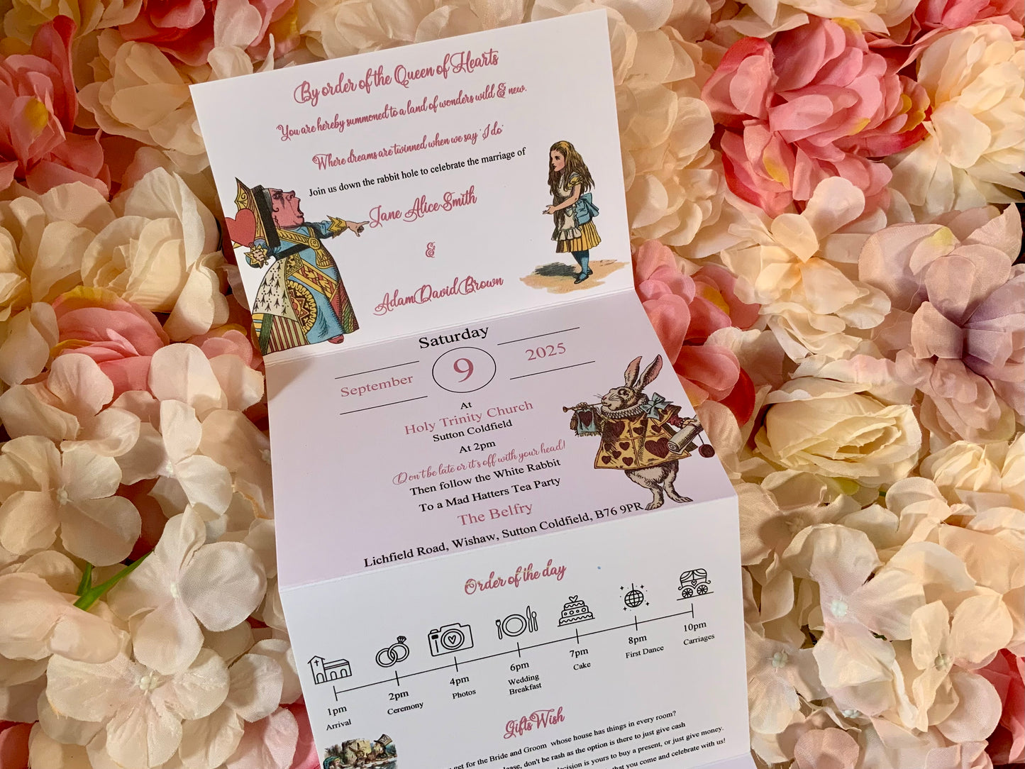 Alice in Wonderland Personalised Concertina Wedding Invitations ~ single or double sided