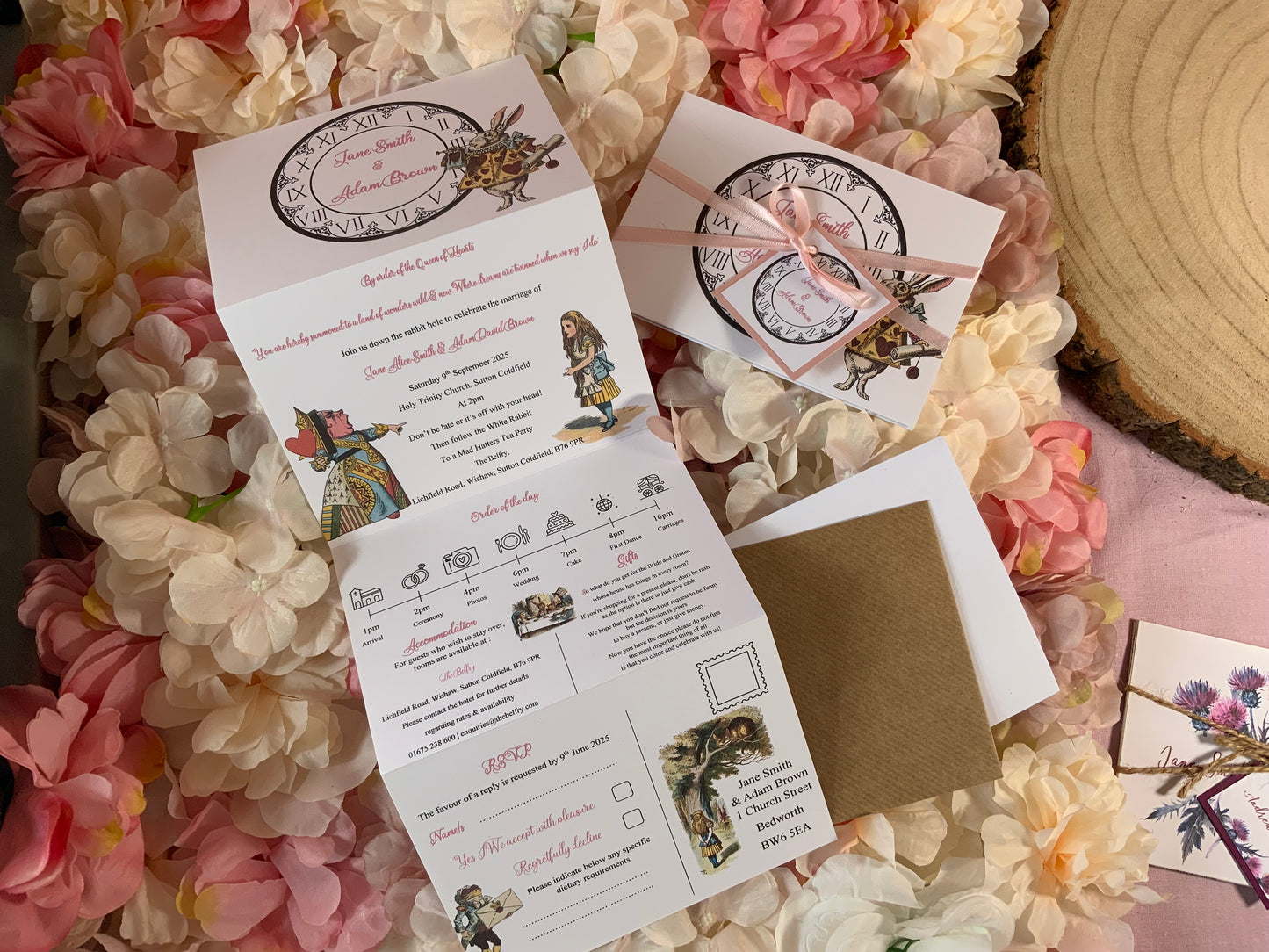 Alice in Wonderland Personalised Concertina Wedding Invitations ~ single or double sided
