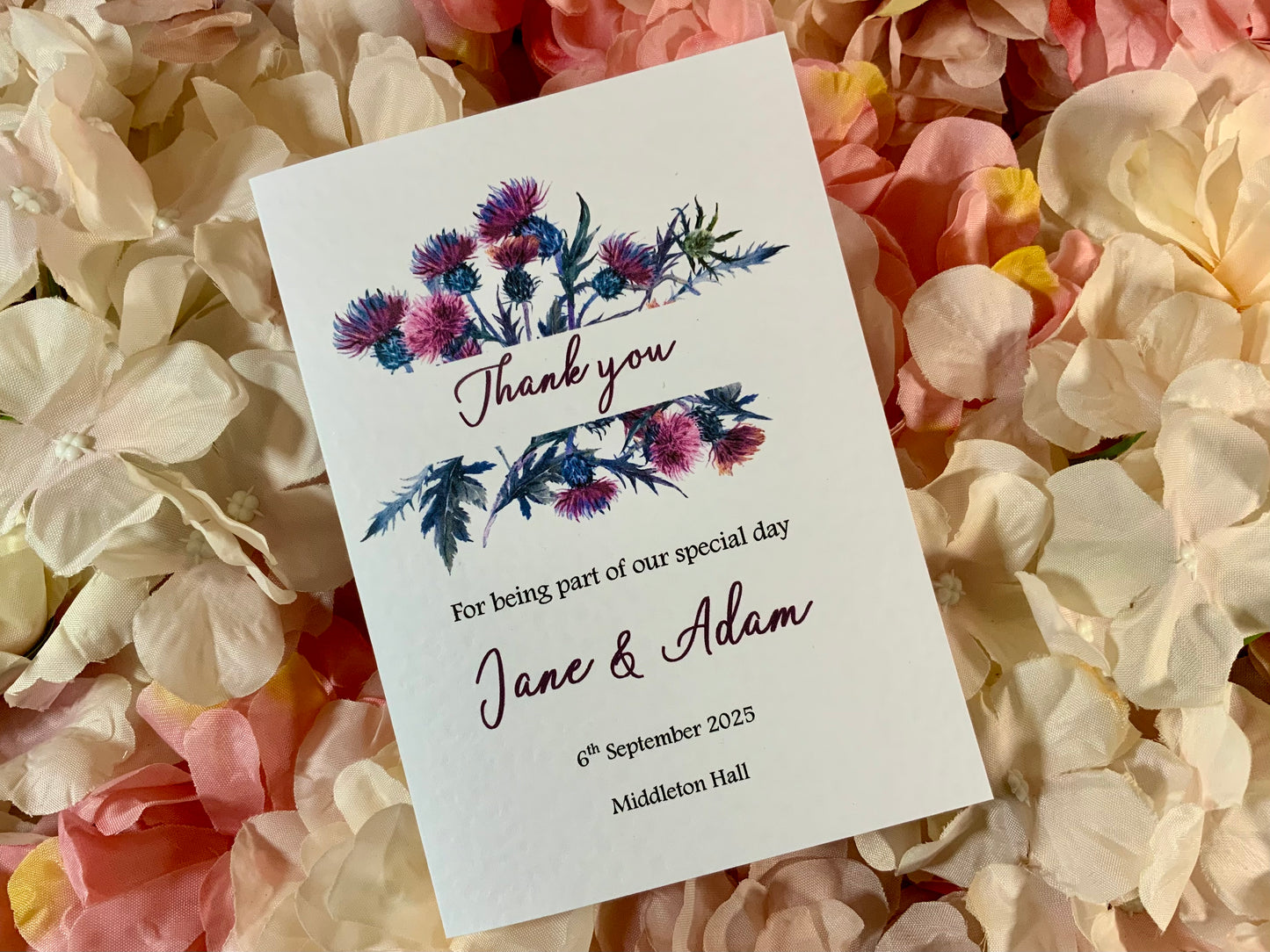 Personalised Scottish Thistle Wedding Thank You Cards – Rustic Highland Botanical Floral Stationery for Guest Notes