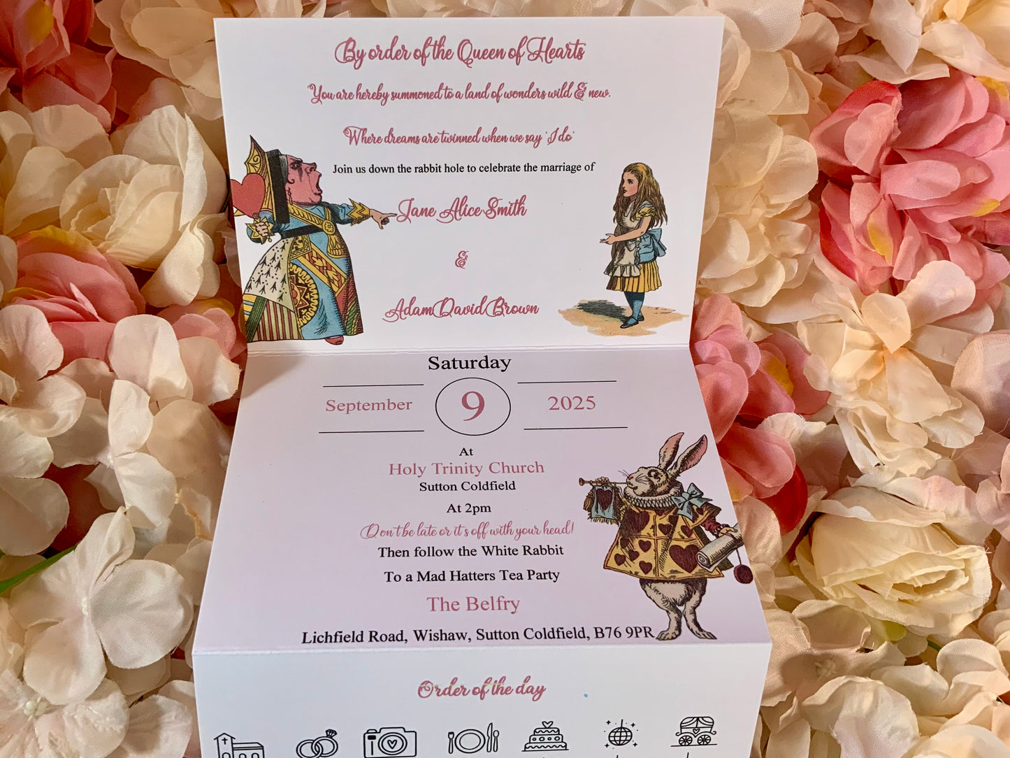 Alice in Wonderland Personalised Concertina Wedding Invitations ~ single or double sided