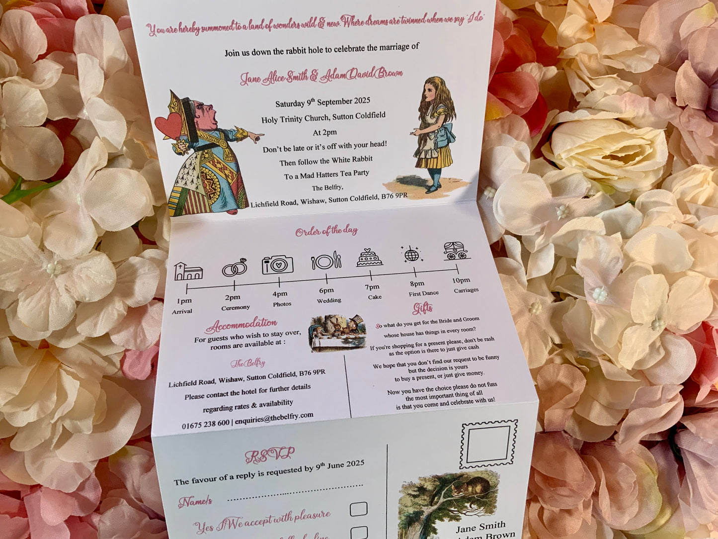 Alice in Wonderland Personalised Concertina Wedding Invitations ~ single or double sided