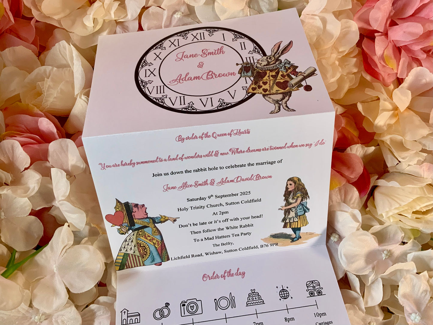 Alice in Wonderland Personalised Concertina Wedding Invitations ~ single or double sided