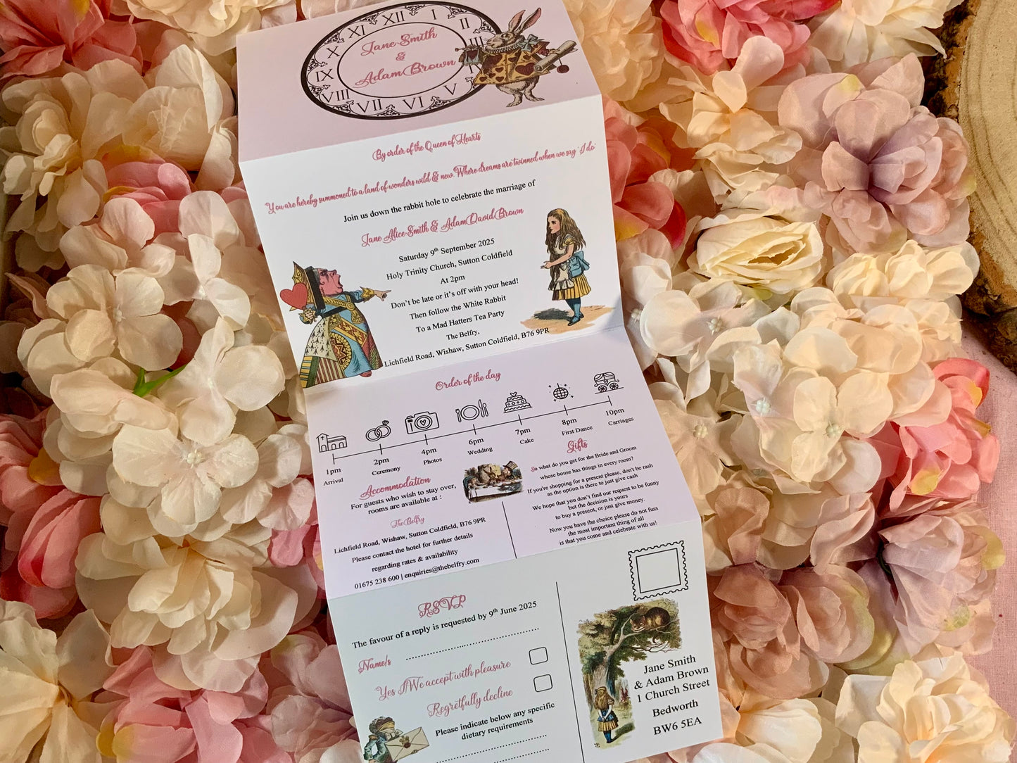 Alice in Wonderland Personalised Concertina Wedding Invitations ~ single or double sided