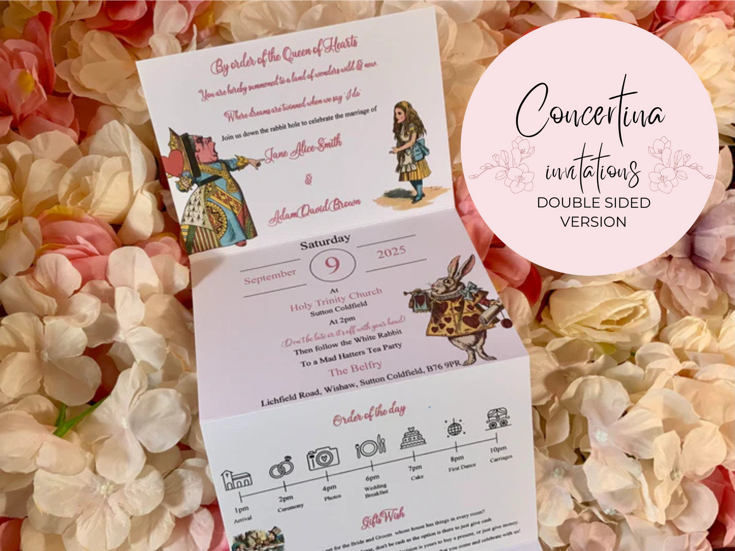 Alice in Wonderland Personalised Concertina Wedding Invitations ~ single or double sided