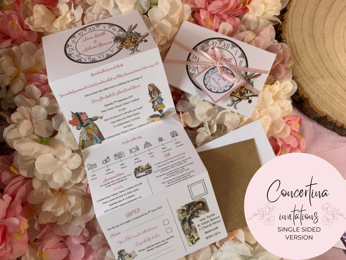 Alice in Wonderland Personalised Concertina Wedding Invitations ~ single or double sided