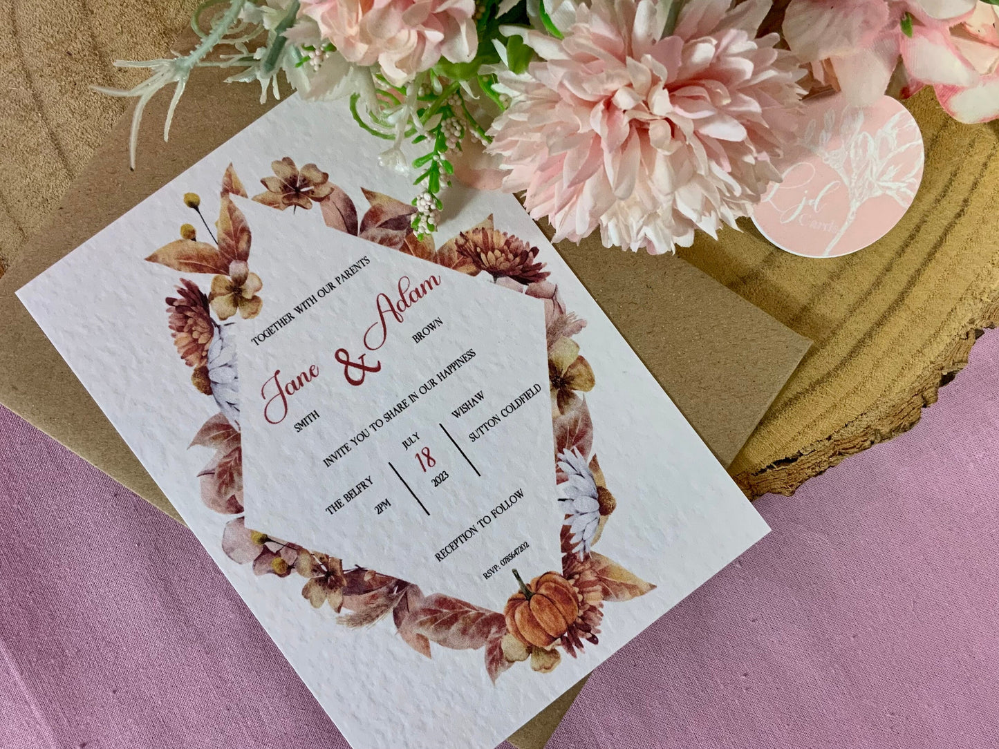 Autumn Wedding Invitation, Evening Reception Party, Personalised Invites, Cheap Budget Wedding Invitations, postcard invitation, autumnal