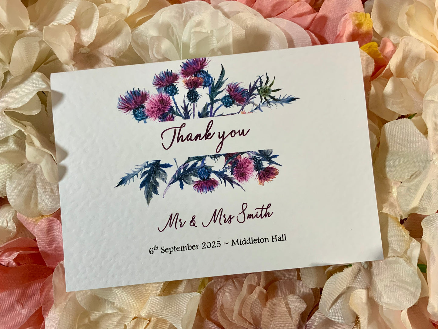 Personalised Scottish Thistle Wedding Thank You Cards – Rustic Highland Botanical Floral Stationery for Guest Notes