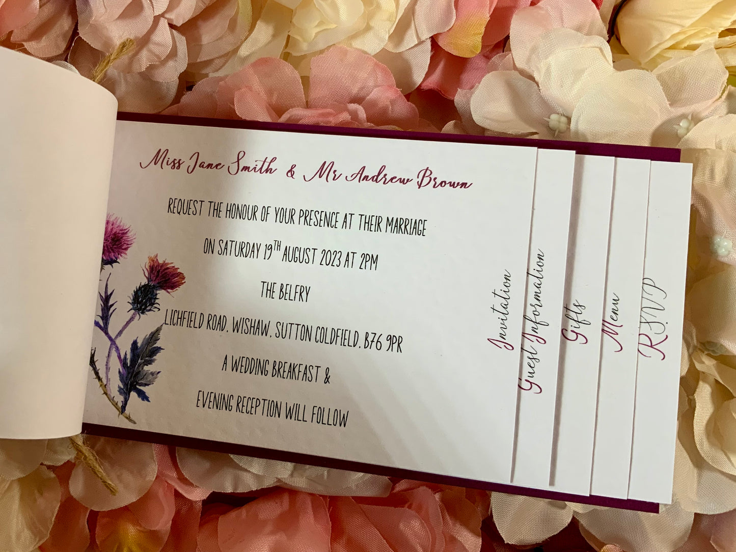 Scottish Thistle Luxury Cheque Book Style Wedding Invitations -available as day & evening