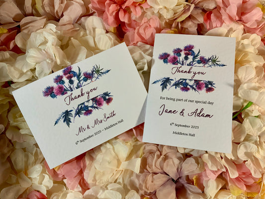 Personalised Scottish Thistle Wedding Thank You Cards – Rustic Highland Botanical Floral Stationery for Guest Notes
