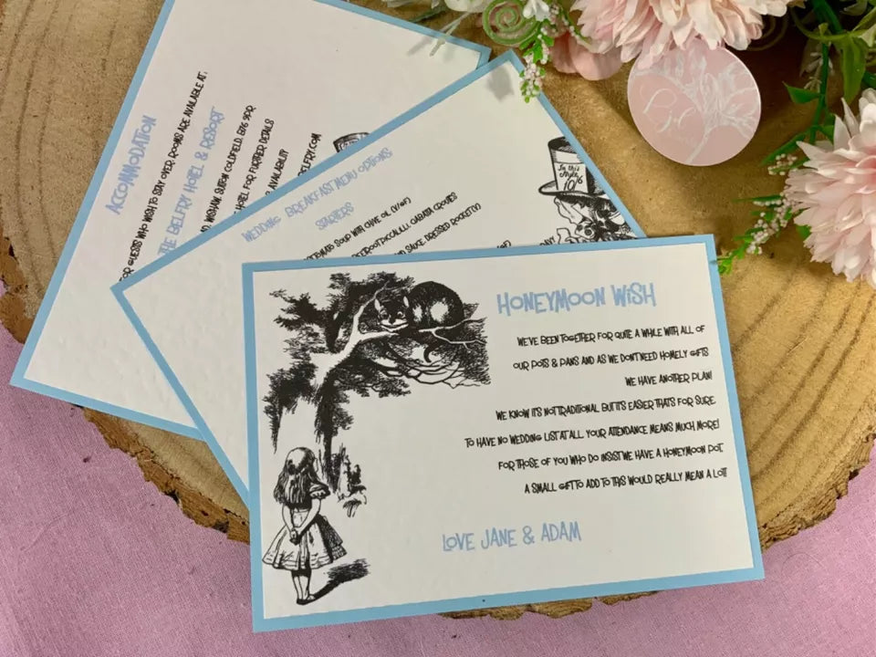 Alice in Wonderland Personalised Gafefold Wedding Invitations, rsvps & inserts