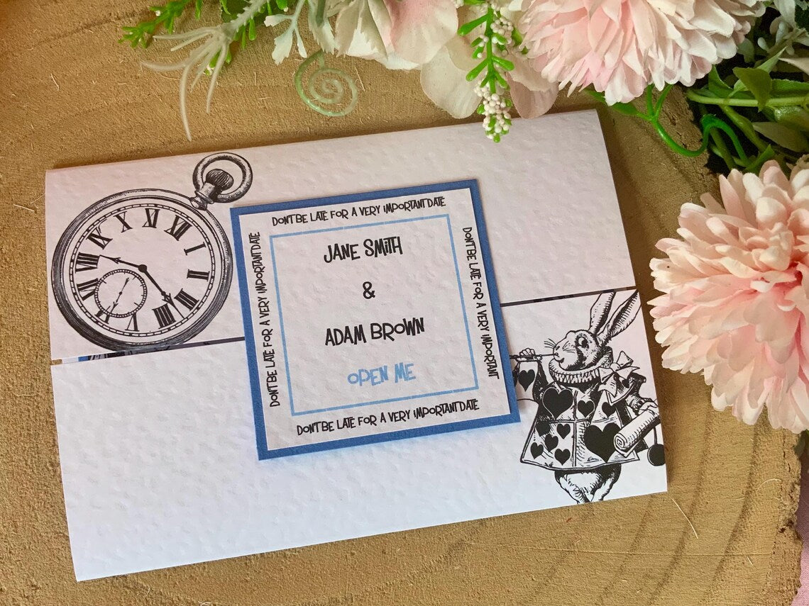 Alice in Wonderland Personalised Gafefold Wedding Invitations, rsvps & inserts