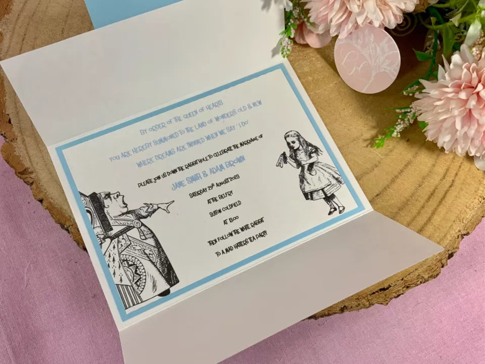 Alice in Wonderland Personalised Gafefold Wedding Invitations, rsvps & inserts