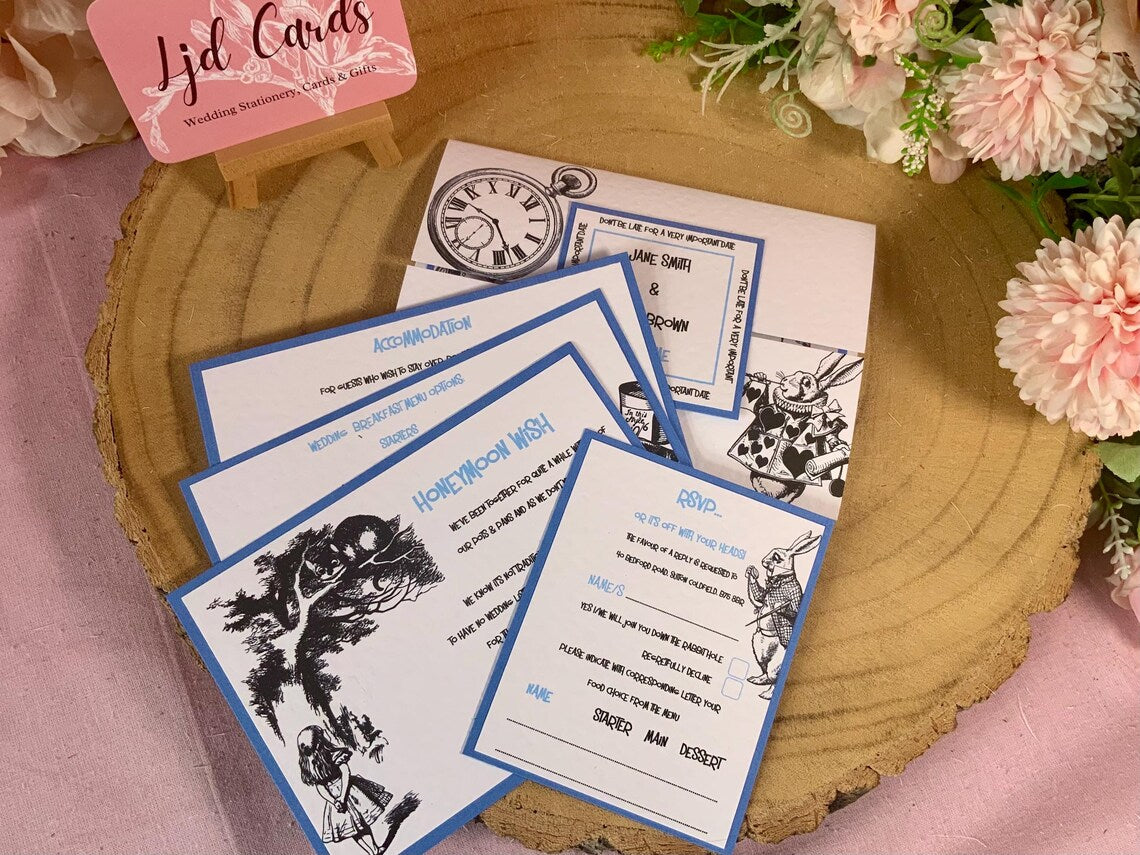 Alice in Wonderland Personalised Gafefold Wedding Invitations, rsvps & inserts