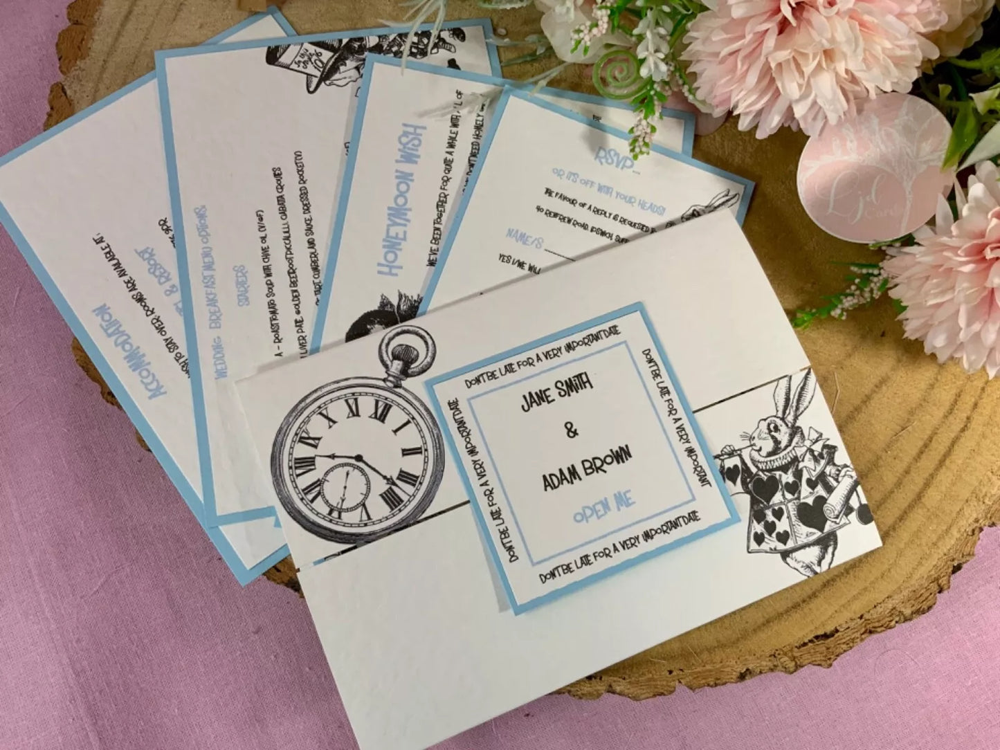 Alice in Wonderland Personalised Gafefold Wedding Invitations, rsvps & inserts