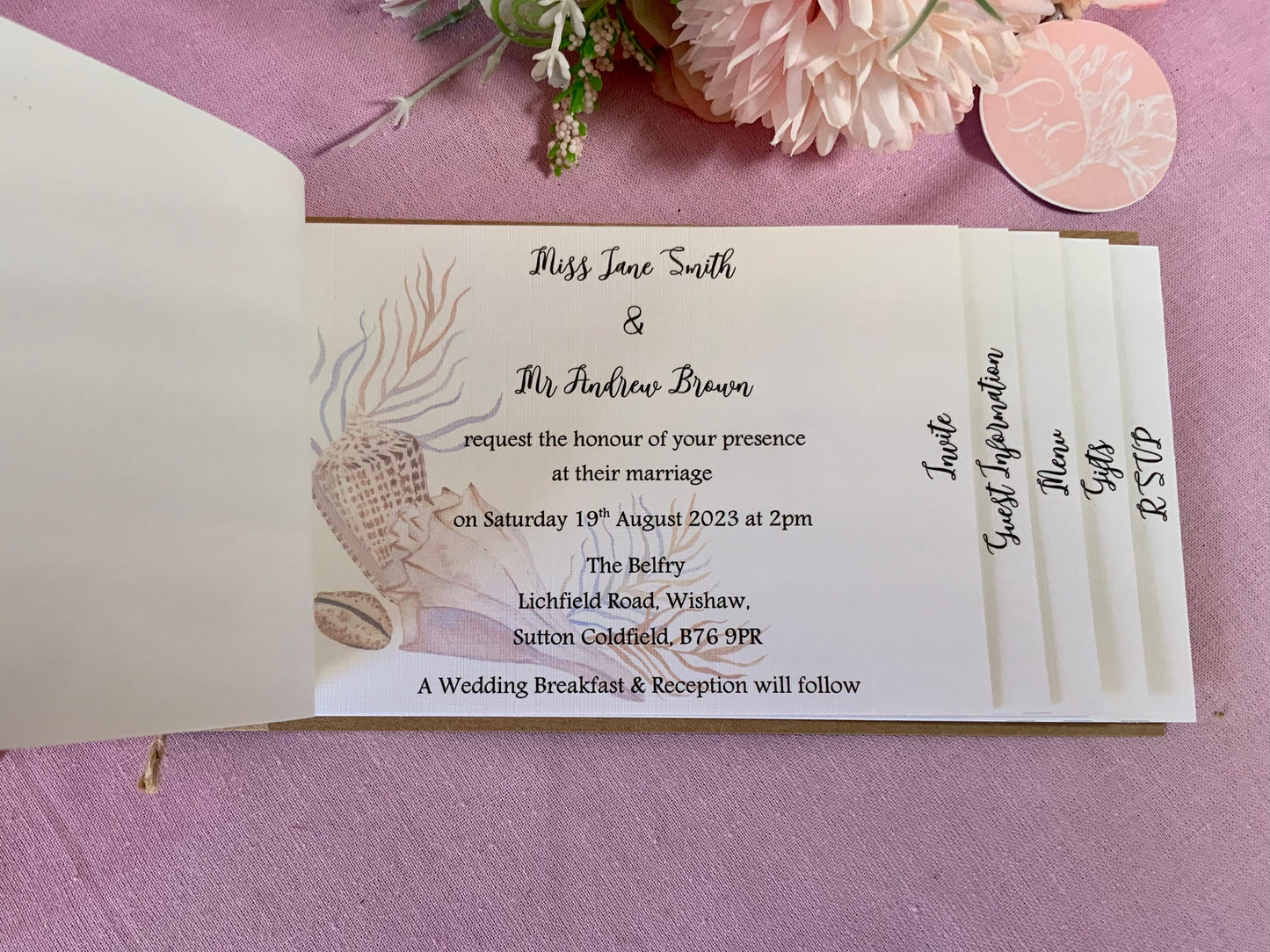 Seashell Cheque Book Style Wedding Invitations ~ perfect for destination weddings