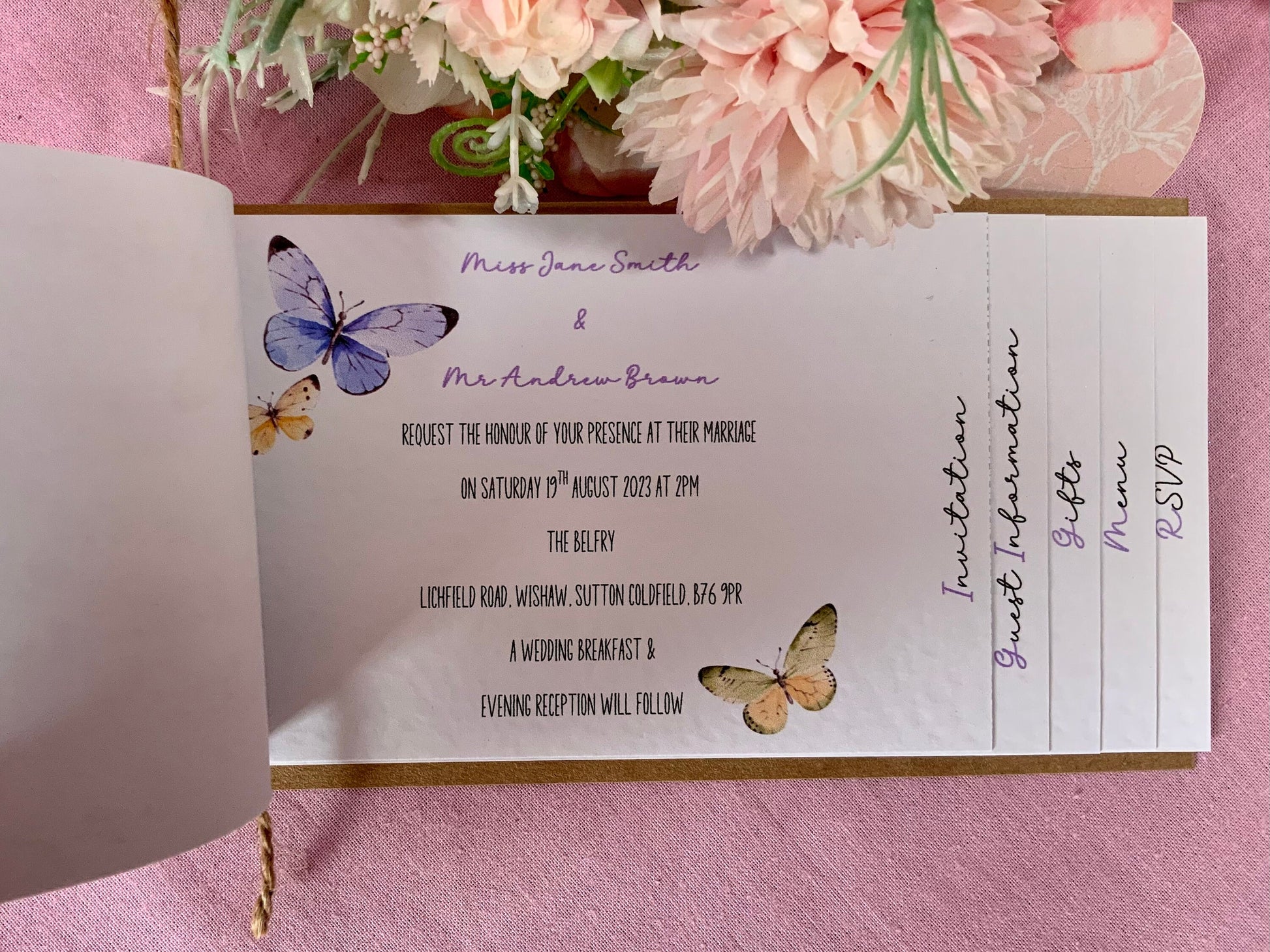 Butterfly Wedding Invitation, spring wedding invite, cheque book invitation, rustic wedding invitations, summer wedding, nature, butterflies