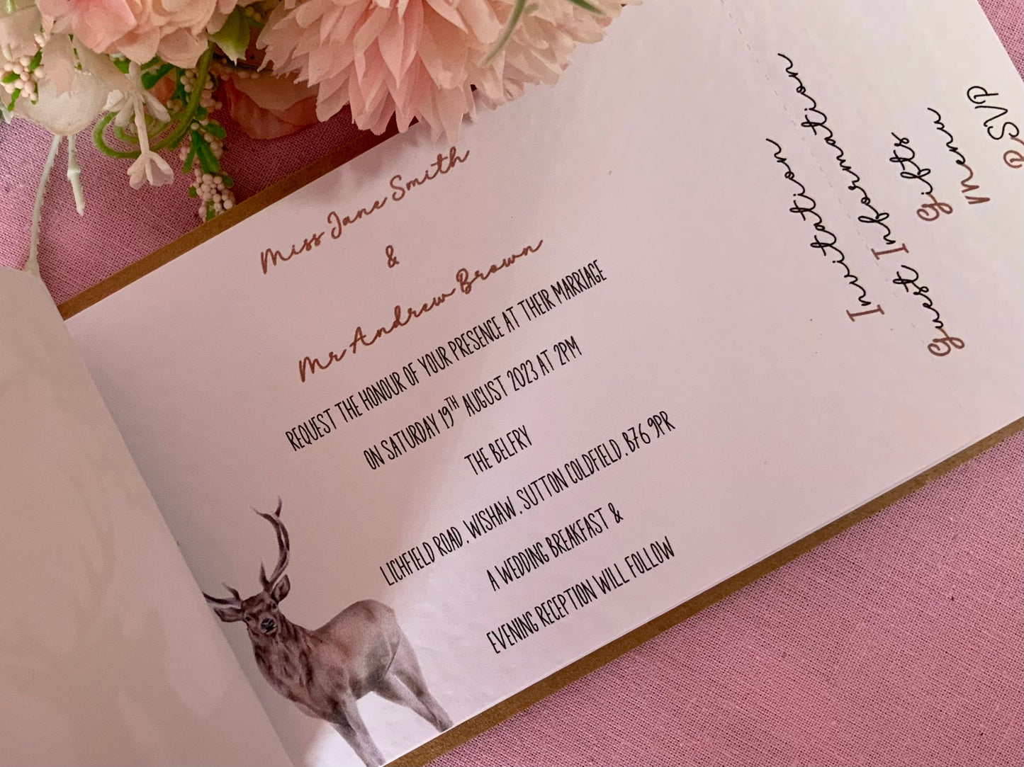 Woodland Stag Wedding Cheque Book Style Invitations ~ perfect for Barn weddings