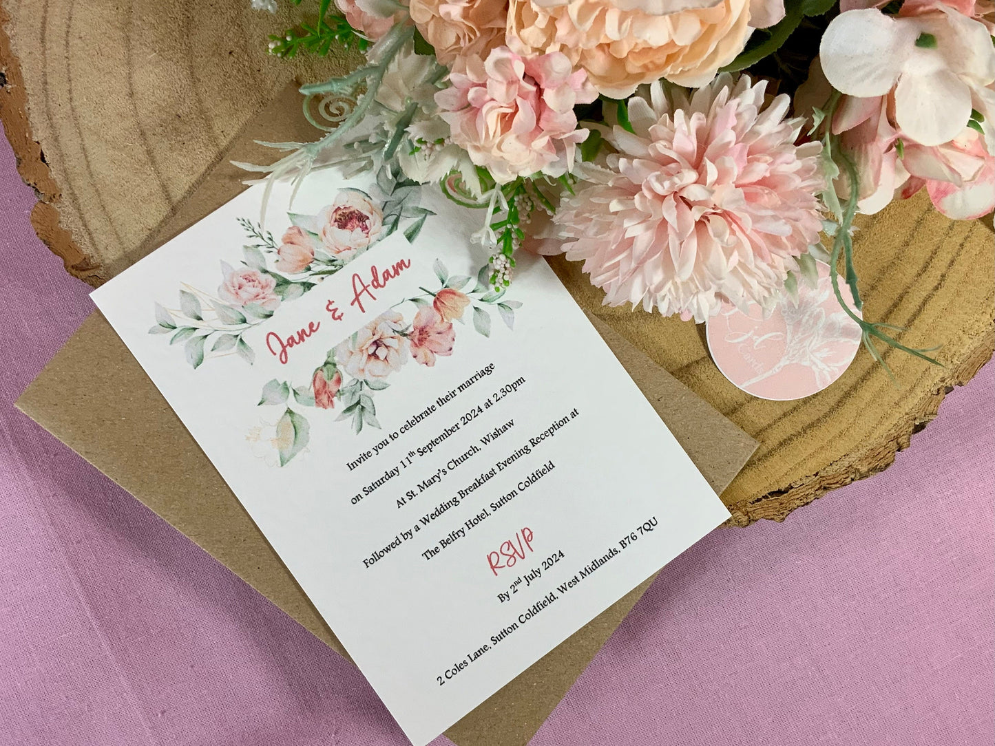 Peach Wedding Invitation, Evening Reception Party, Personalised Invites, Cheap Budget Wedding Invitation, floral invitation, postcard invite