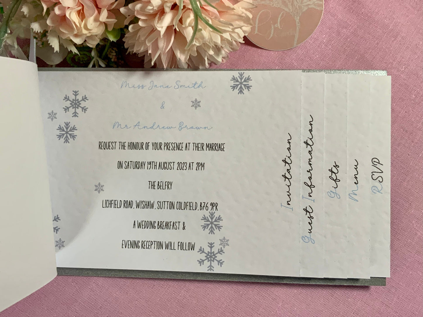 Winter Snowflake Wedding Cheque Book Style Invitations ~ perfect for Christmas weddings