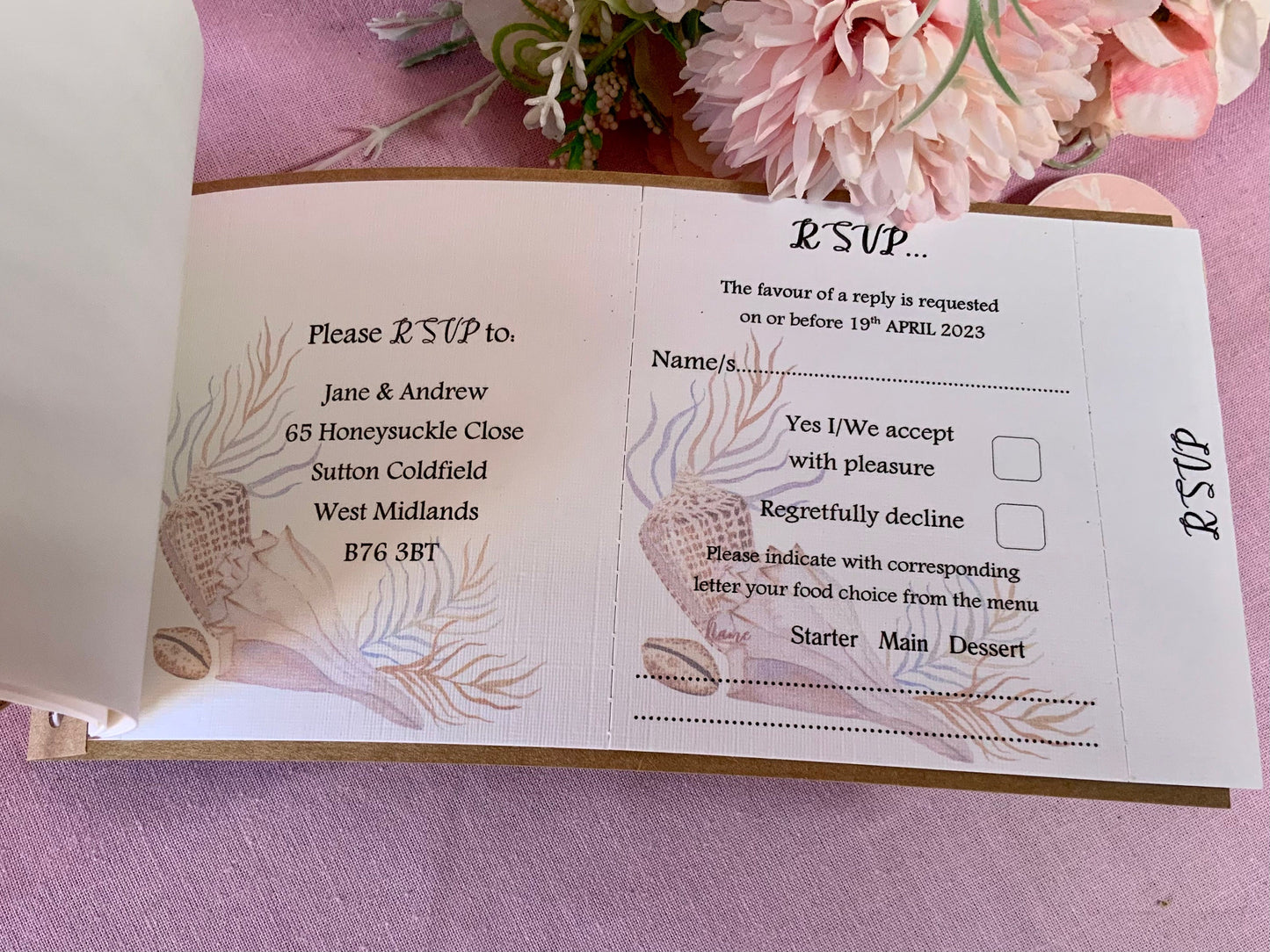 Seashell Cheque Book Style Wedding Invitations ~ perfect for destination weddings