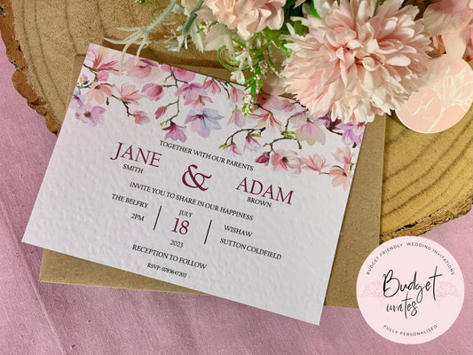 Magnolia Wedding Invitation, Evening Reception Party, Personalised Invites, Cheap Budget Wedding Invitations, postcard invitation, floral