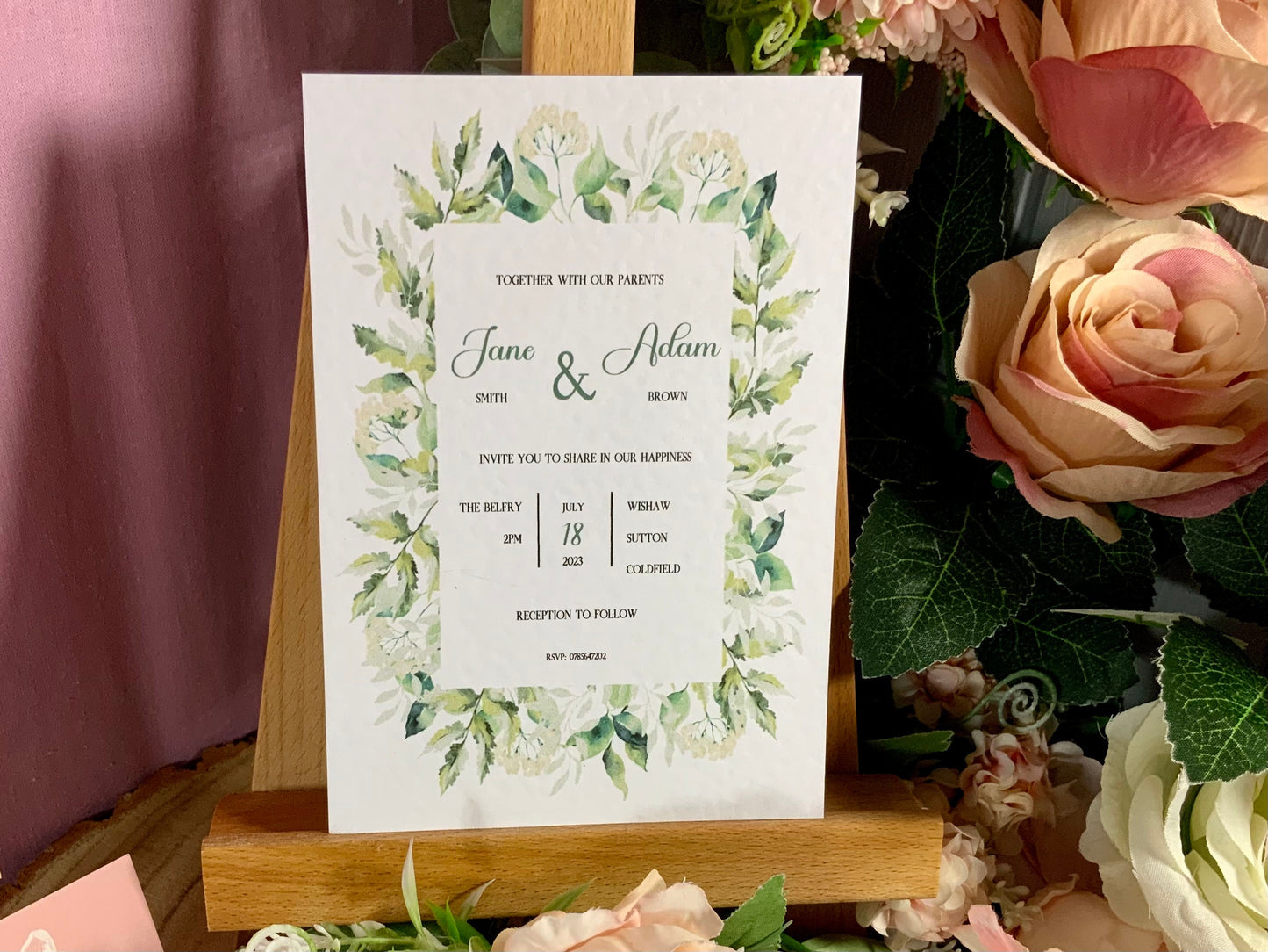 Greenery Wedding Invitation, Evening Reception Party, Personalised Invites, Cheap Budget Wedding Invitations, postcard invitation, foliage