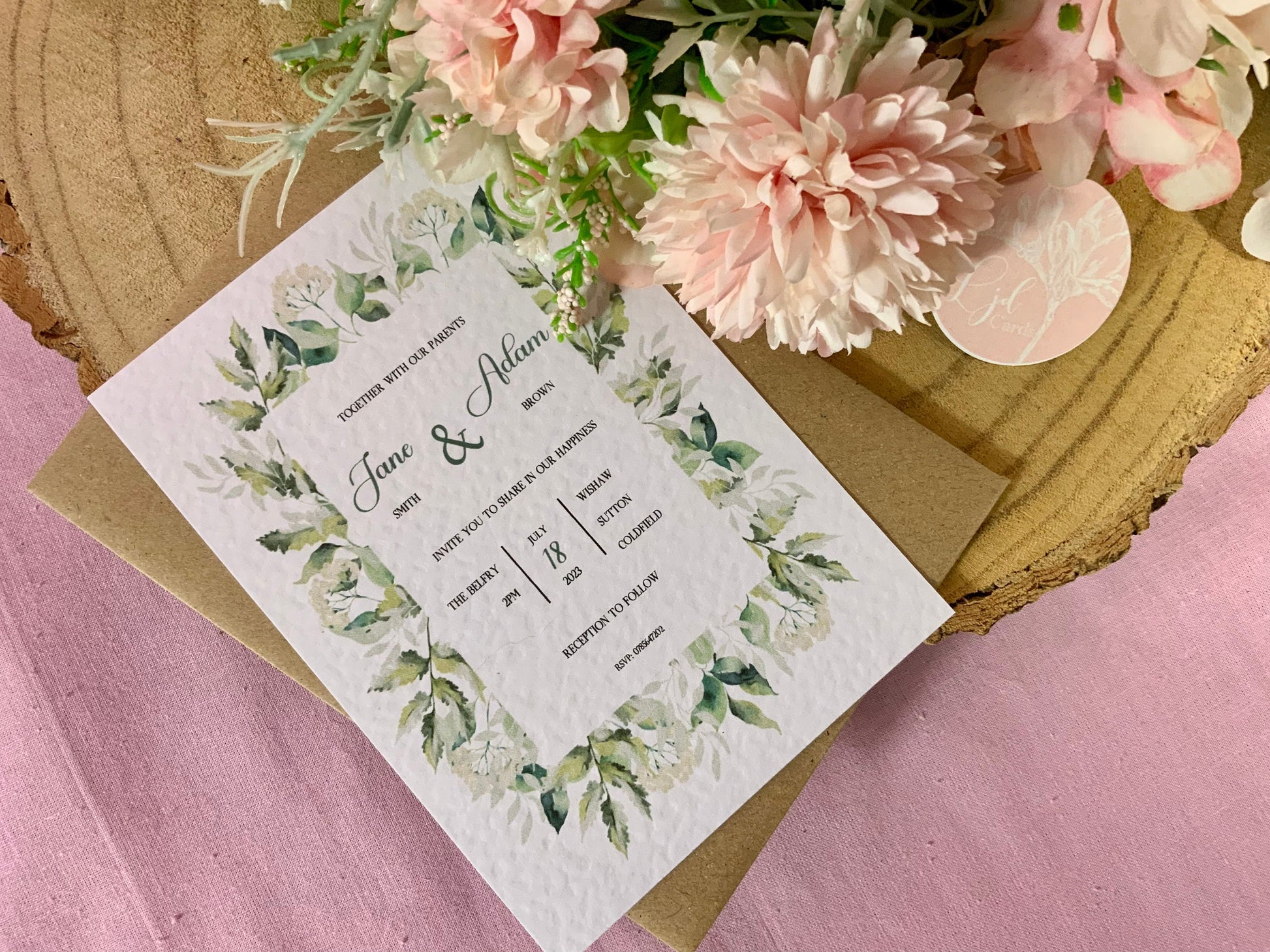 Greenery Wedding Invitation, Evening Reception Party, Personalised Invites, Cheap Budget Wedding Invitations, postcard invitation, foliage