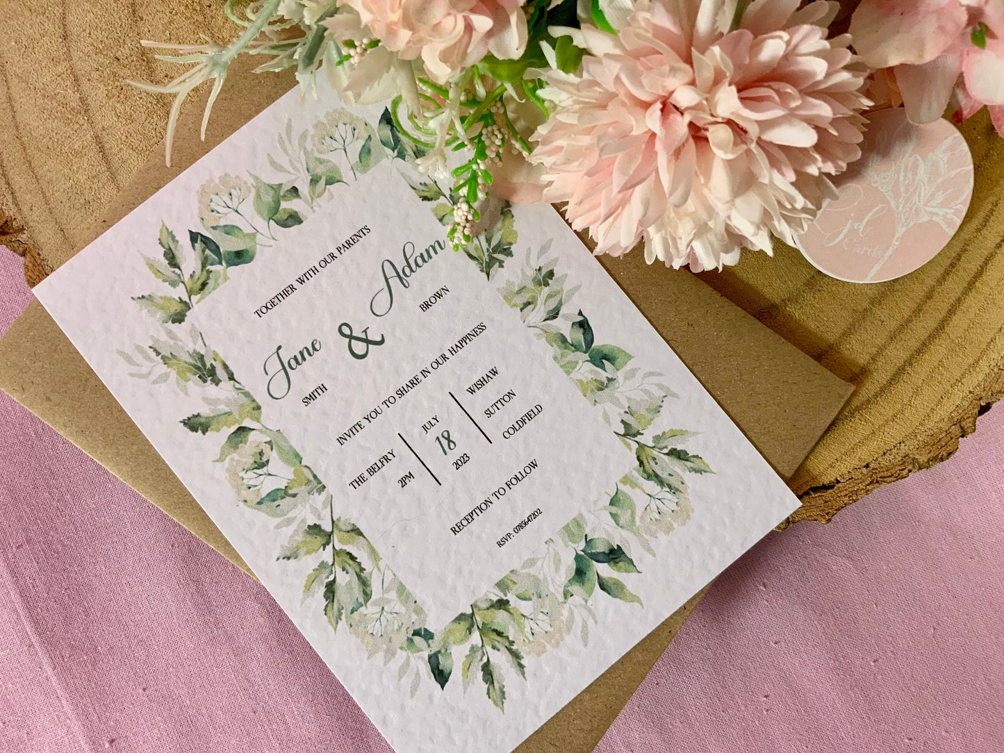 Greenery Wedding Invitation, Evening Reception Party, Personalised Invites, Cheap Budget Wedding Invitations, postcard invitation, foliage