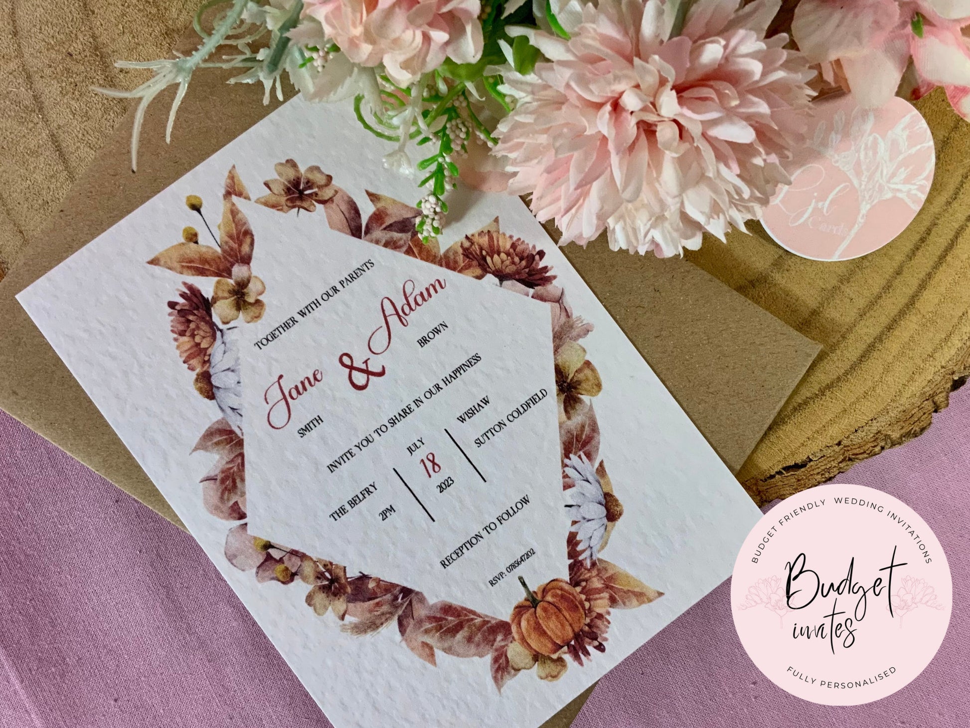 Autumn Wedding Invitation, Evening Reception Party, Personalised Invites, Cheap Budget Wedding Invitations, postcard invitation, autumnal