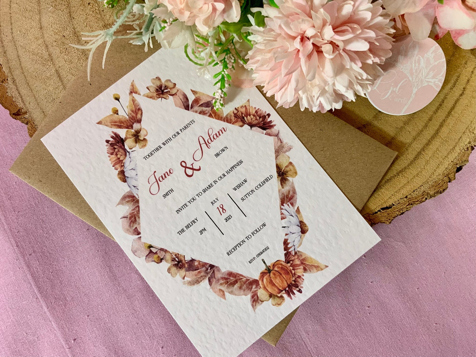 Autumn Wedding Invitation, Evening Reception Party, Personalised Invites, Cheap Budget Wedding Invitations, postcard invitation, autumnal