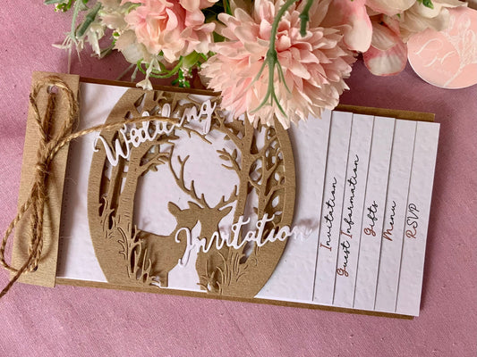 Woodland Stag Wedding Cheque Book Style Invitations ~ perfect for Barn weddings