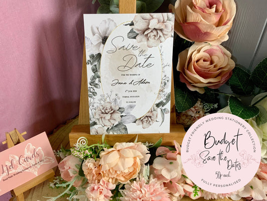 White floral Save the date, wedding announcement card, floral wedding, rose save the date, eucalyptus save the date, greenery save the dates