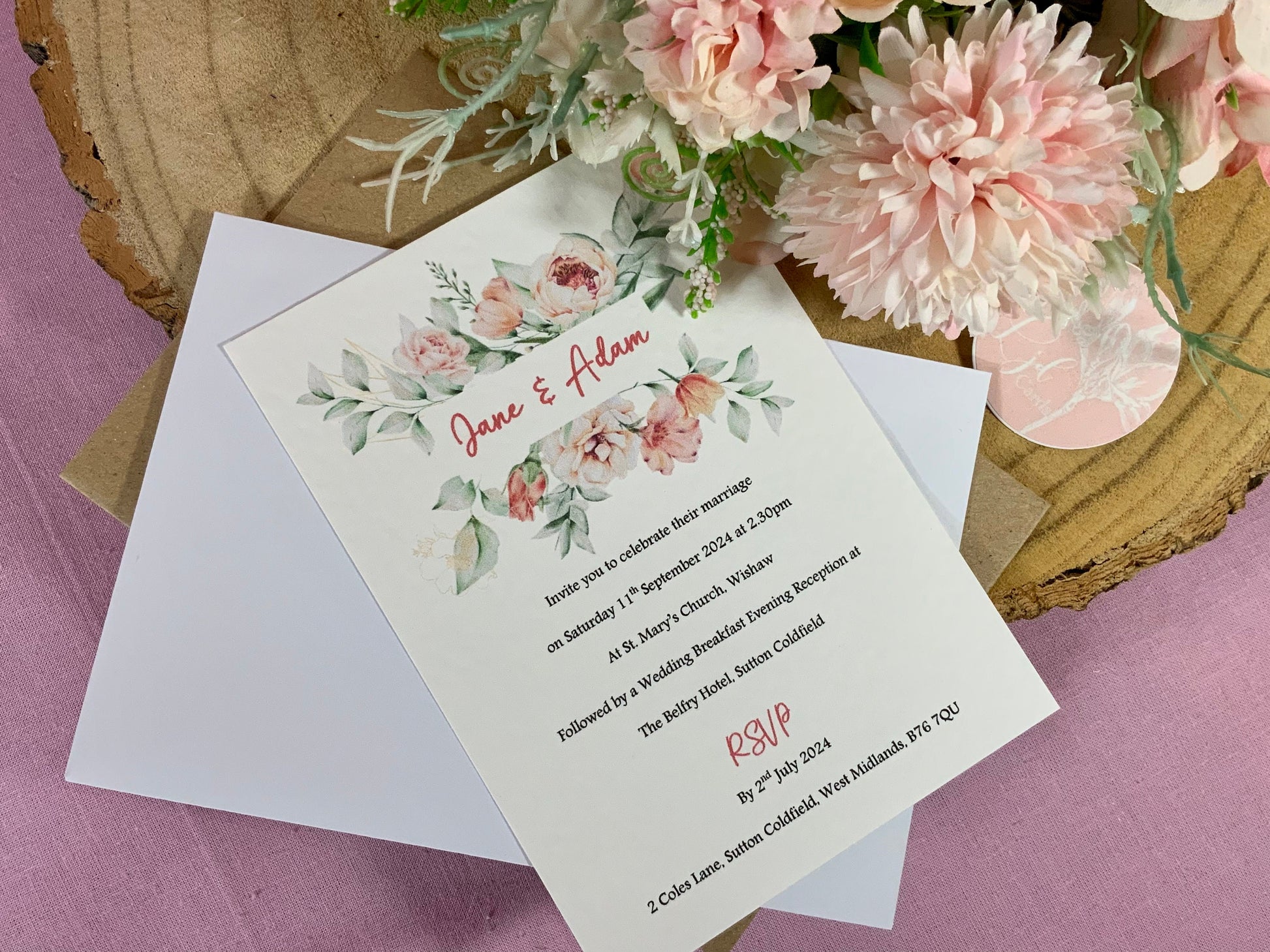 Peach Wedding Invitation, Evening Reception Party, Personalised Invites, Cheap Budget Wedding Invitation, floral invitation, postcard invite