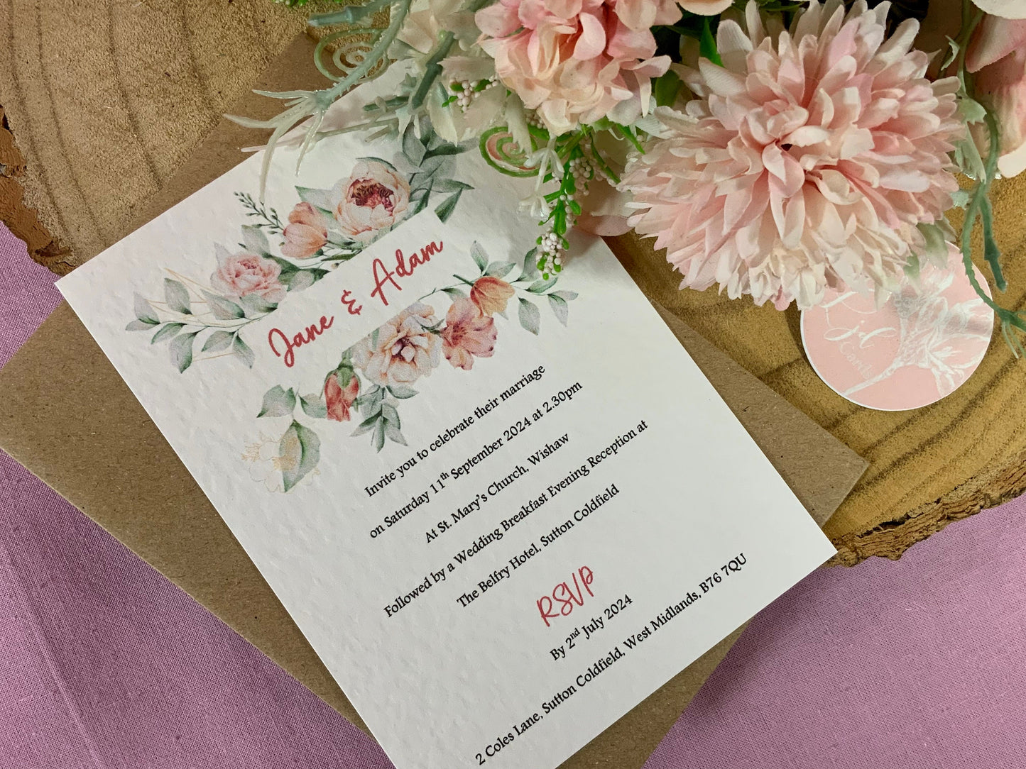 Peach Wedding Invitation, Evening Reception Party, Personalised Invites, Cheap Budget Wedding Invitation, floral invitation, postcard invite