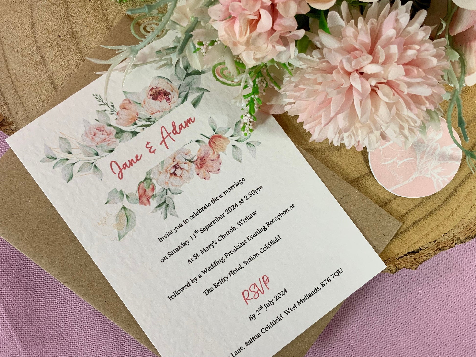 Peach Wedding Invitation, Evening Reception Party, Personalised Invites, Cheap Budget Wedding Invitation, floral invitation, postcard invite