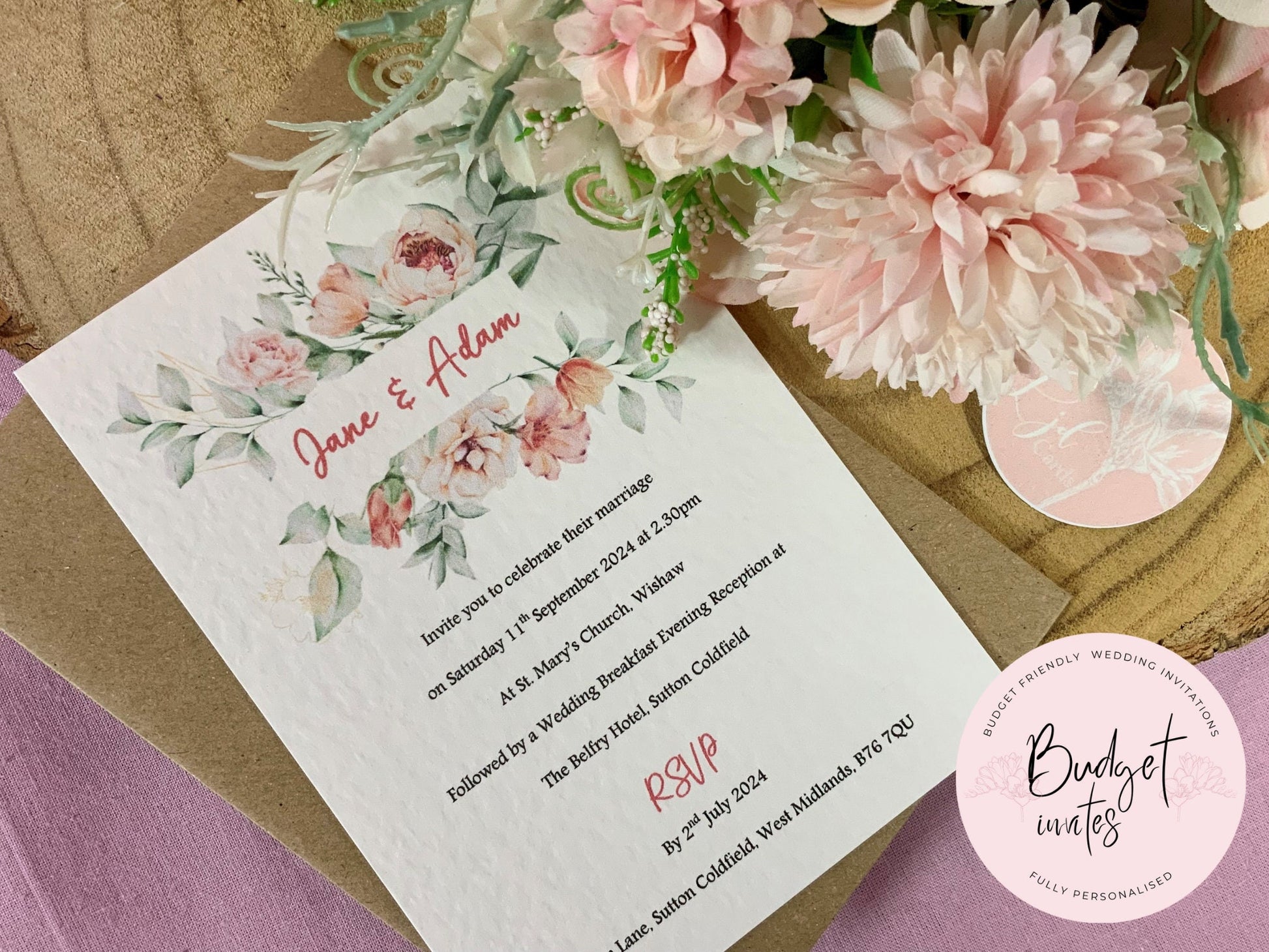 Peach Wedding Invitation, Evening Reception Party, Personalised Invites, Cheap Budget Wedding Invitation, floral invitation, postcard invite