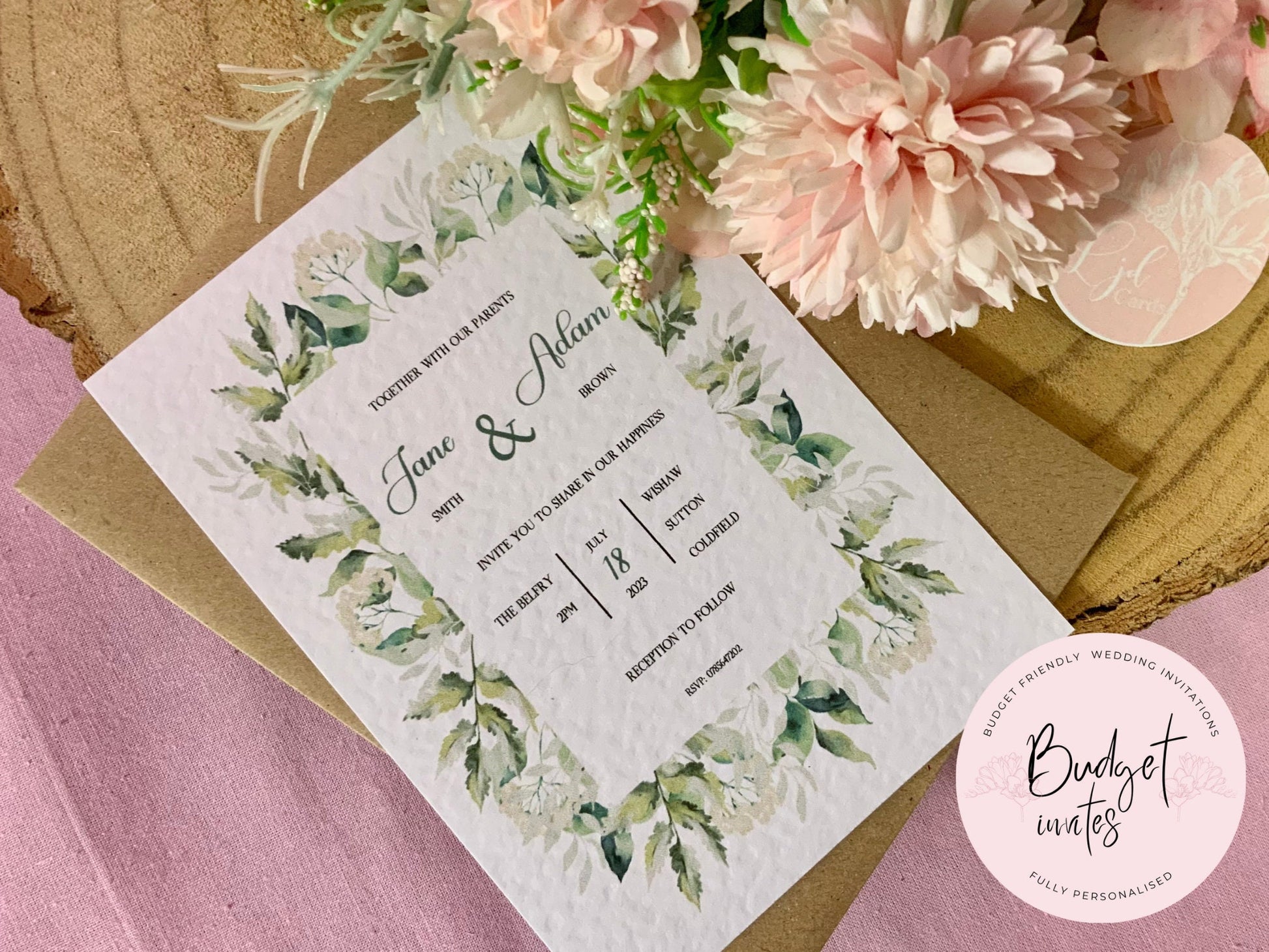 Greenery Wedding Invitation, Evening Reception Party, Personalised Invites, Cheap Budget Wedding Invitations, postcard invitation, foliage