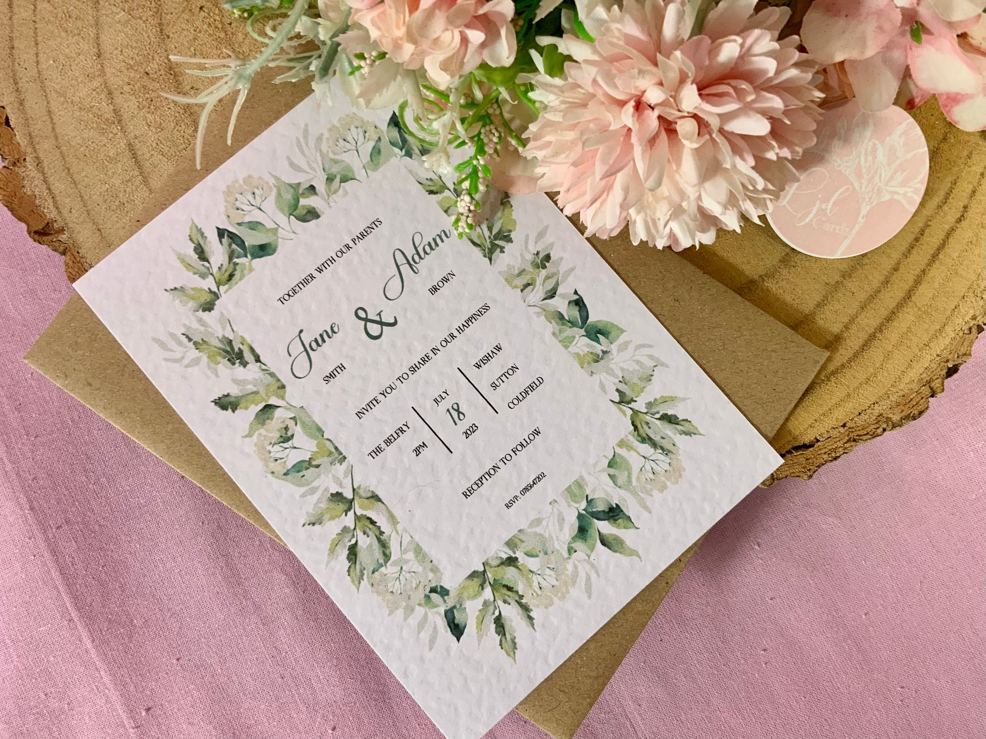 Greenery Wedding Invitation, Evening Reception Party, Personalised Invites, Cheap Budget Wedding Invitations, postcard invitation, foliage