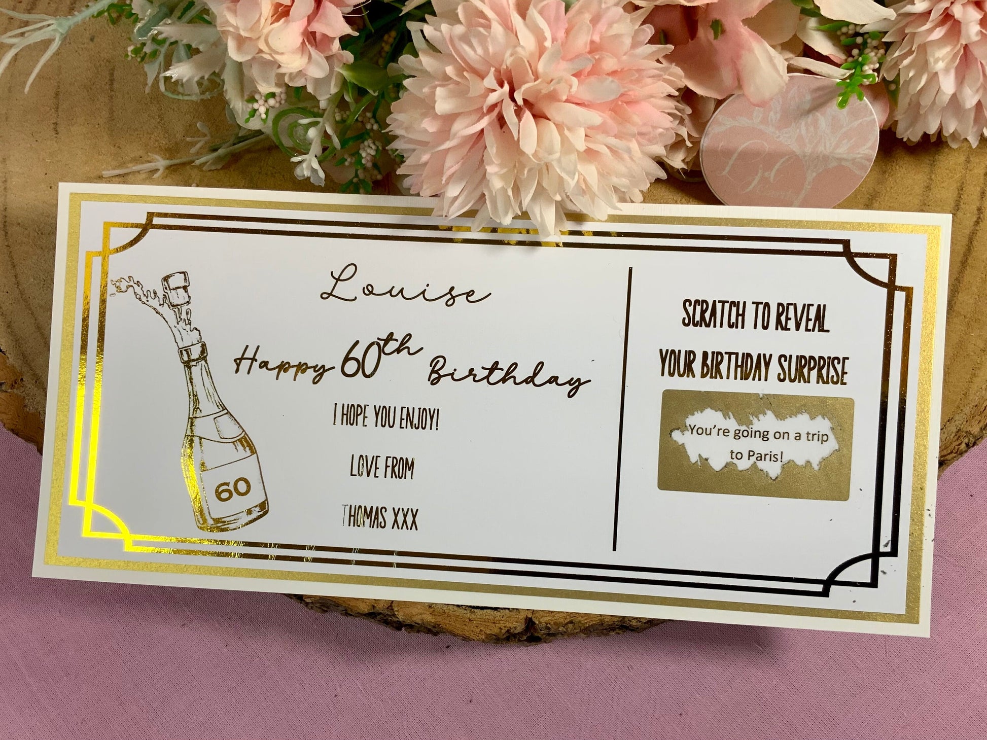 Personalised Birthday Scratch card, 60th Birthday card, birthday surprise personalised surprise scratch card, foiled voucher, concert ticket