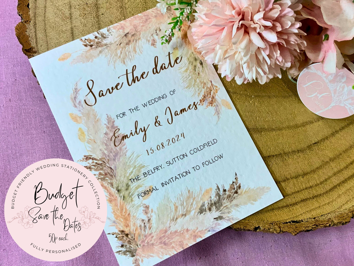 Pampas save the dates, boho wedding save the dates and invitations, boho floral invitation, rustic save the dates, cheap save the date cards