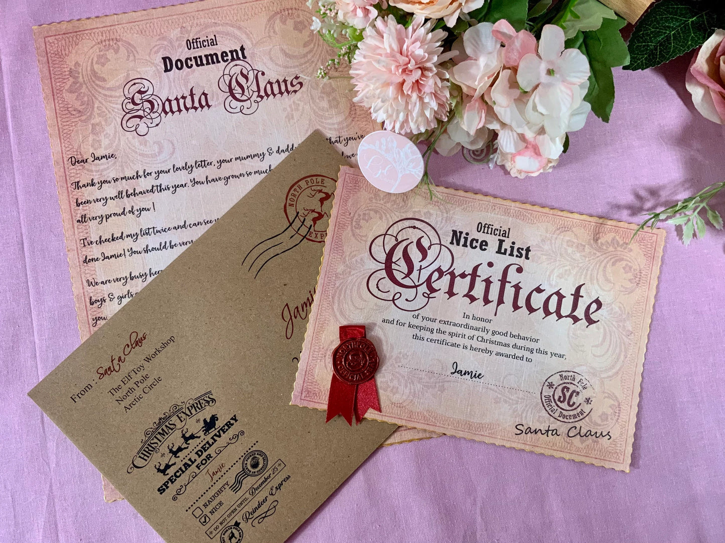 Personalised letter from Santa & Nice List certificate set , perfect father Christmas letter