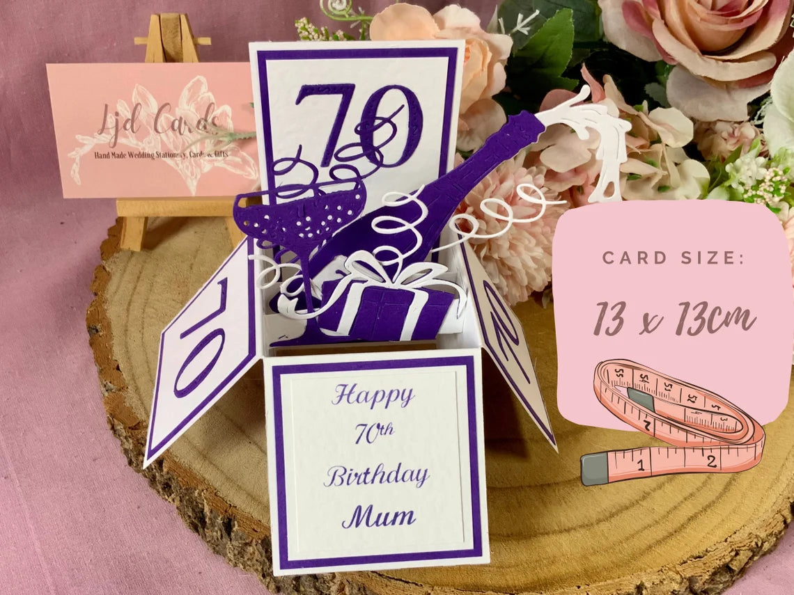 70th Birthday personalised pop up card for Mum, Grandma, Auntie, Sister, Friend