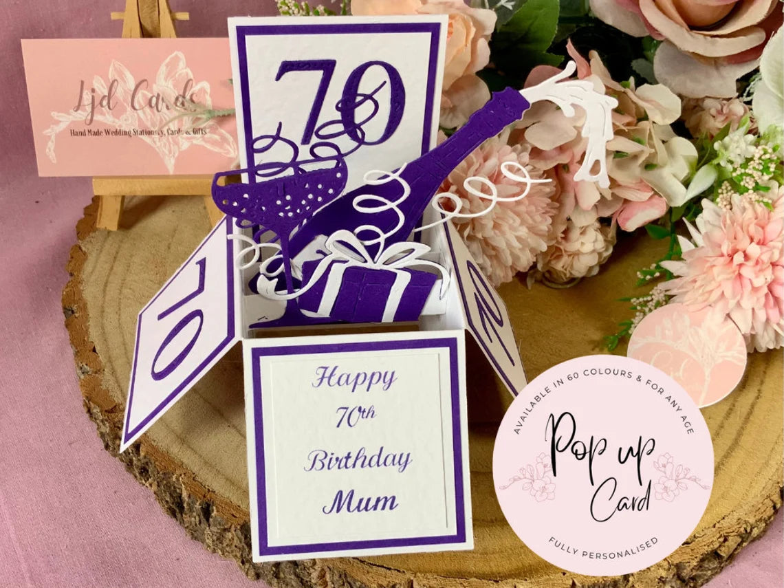 70th Birthday personalised pop up card for Mum, Grandma, Auntie, Sister, Friend