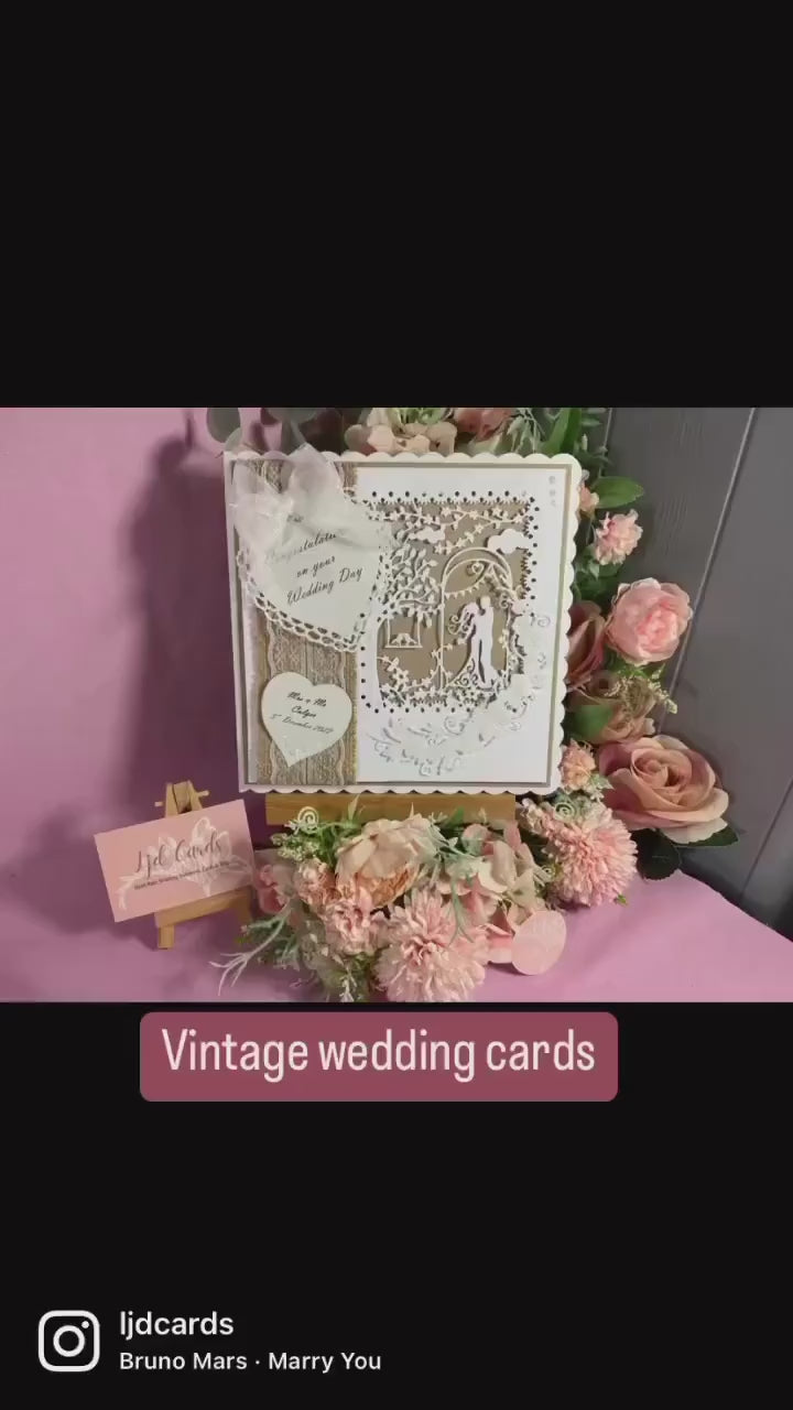 Vintage Wedding Card, Handmade Newlywed Card, Personalised Wedding Card, daughter & son in law, wife, husband, bride, groom, rustic, boxed