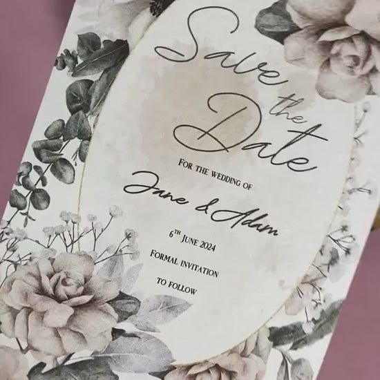 White floral Save the date, wedding announcement card, floral wedding, rose save the date, eucalyptus save the date, greenery save the dates