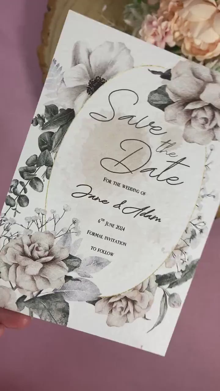 White floral Save the date, wedding announcement card, floral wedding, rose save the date, eucalyptus save the date, greenery save the dates